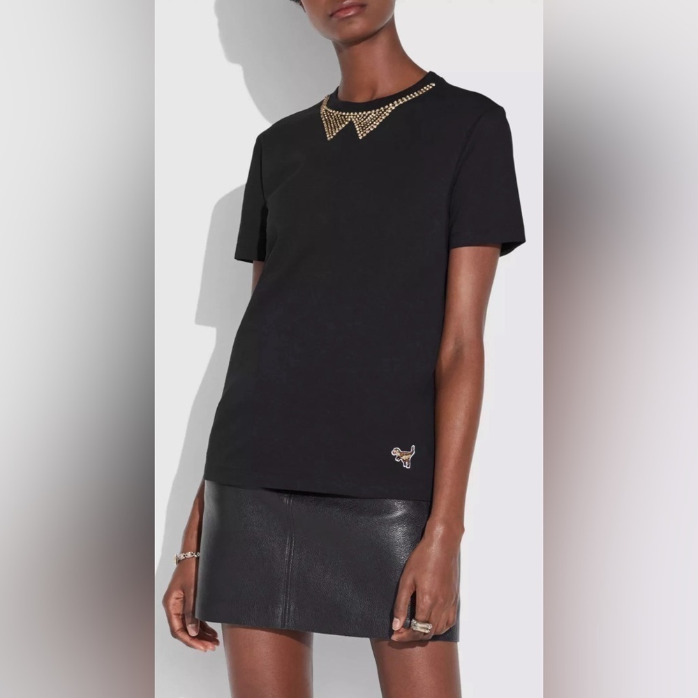 COACH Embellished Collar Black  T Shirt Sz L